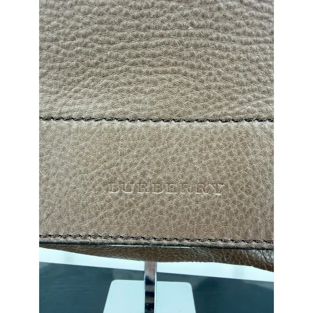 Burberry Men Brown Pebbled Leather Messenger Bag Crossbody Nova Check Lined Flap